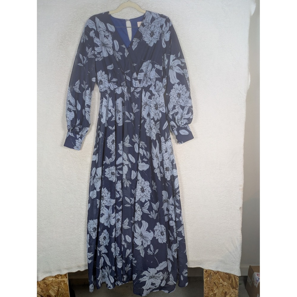DM Fashion Maxi Dress Women's XS Blue Floral V-Neck Long Sleeve DM1946 Chiffon - Picture 2 of 10